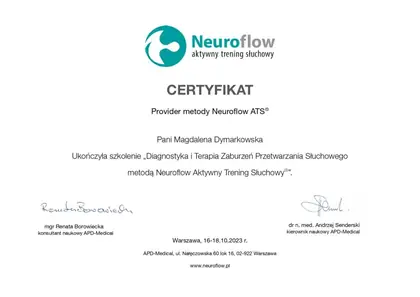 Certyfikat Neuroflow ATS, diagnostyka i terapia APD, Magdalena Dymarkowska