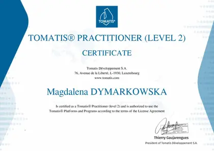 Certyfikat Tomatis Practitioner Level 2, Magdalena Dymarkowska